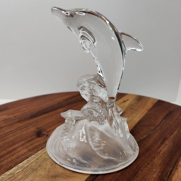 Dolphin Figurine clear glass frosted wave base - Picture 4 of 7